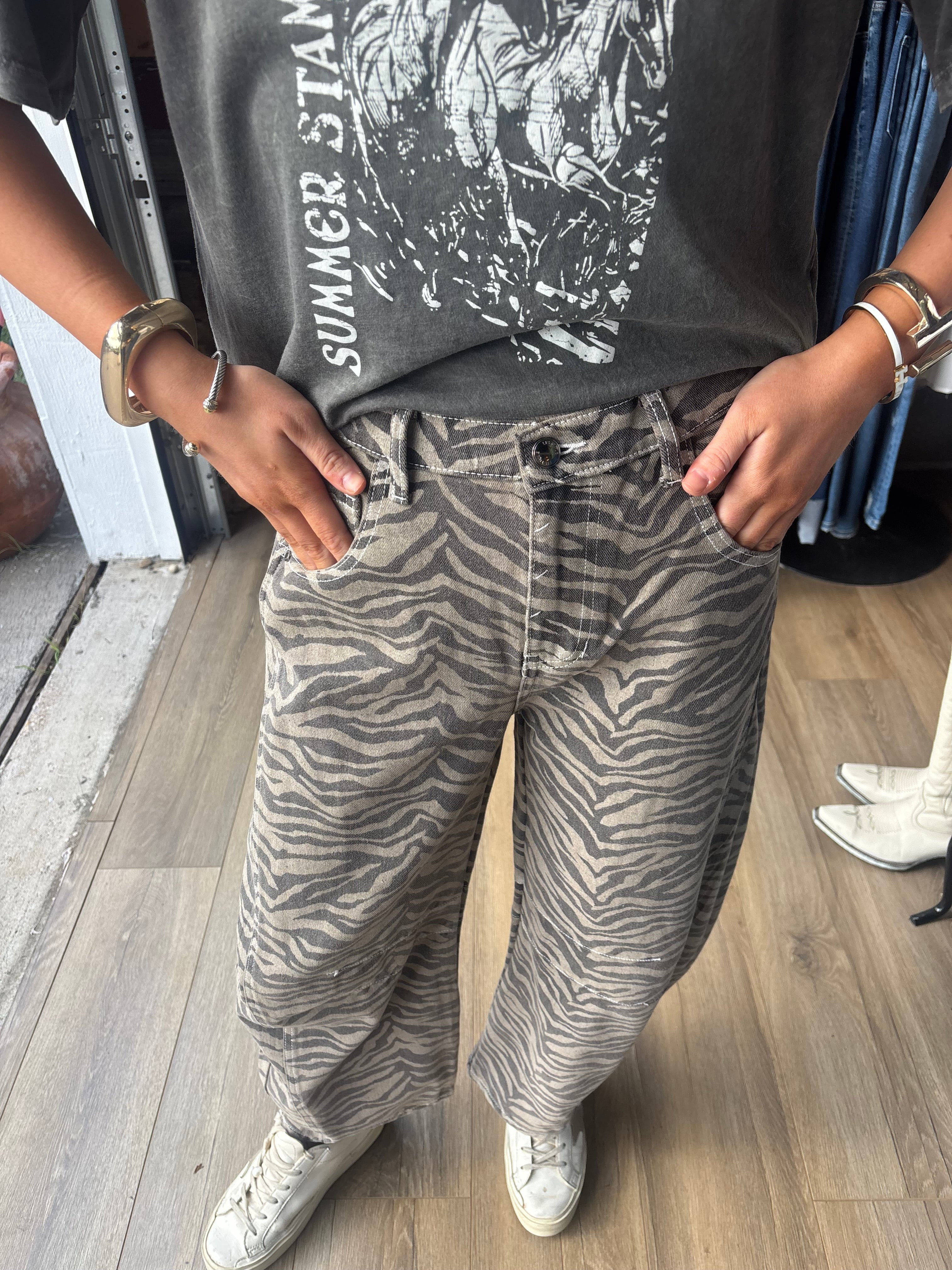 Zebra Print Barrel Jeans