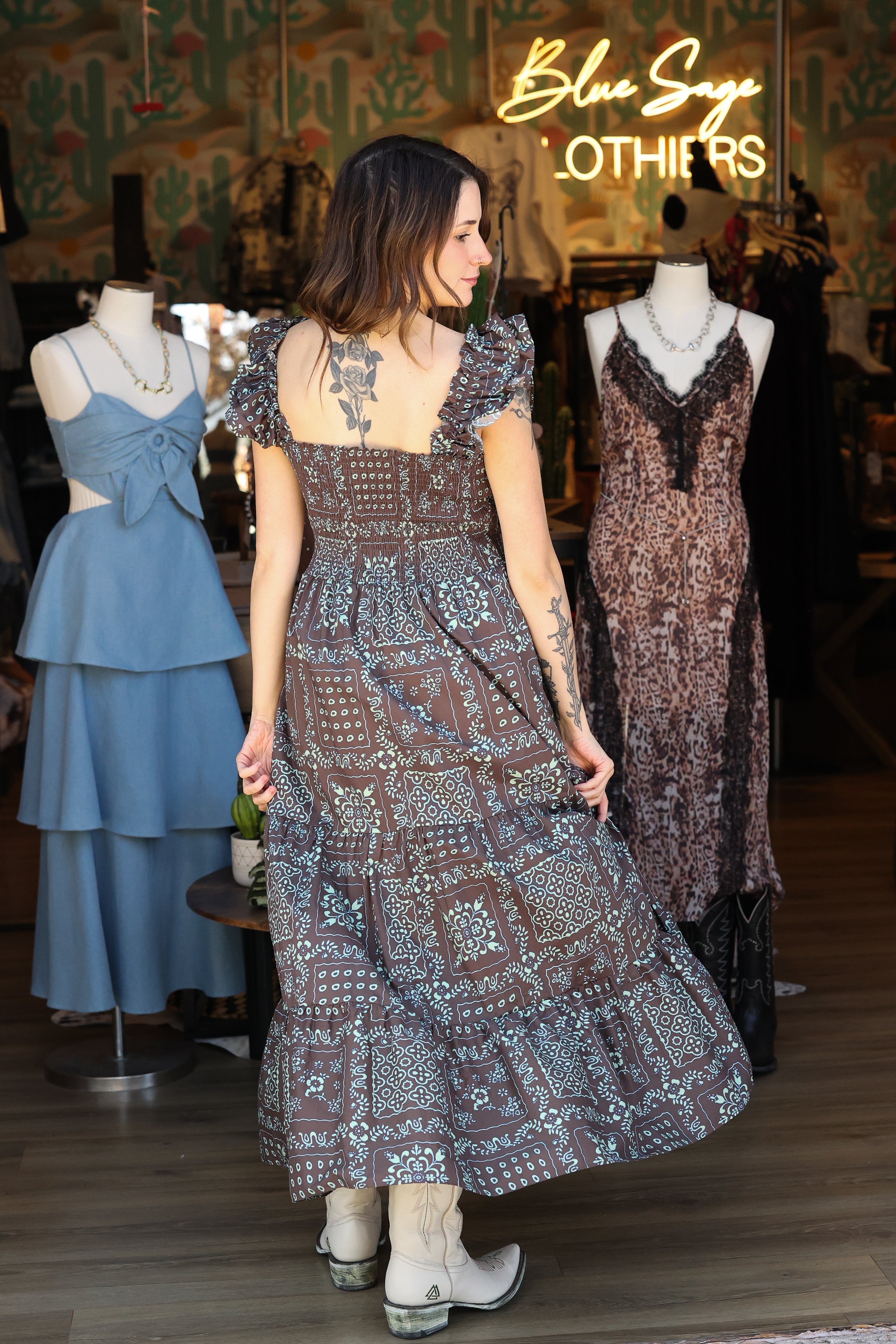 Chocolate Wildflower Ruffle Midi Dress
