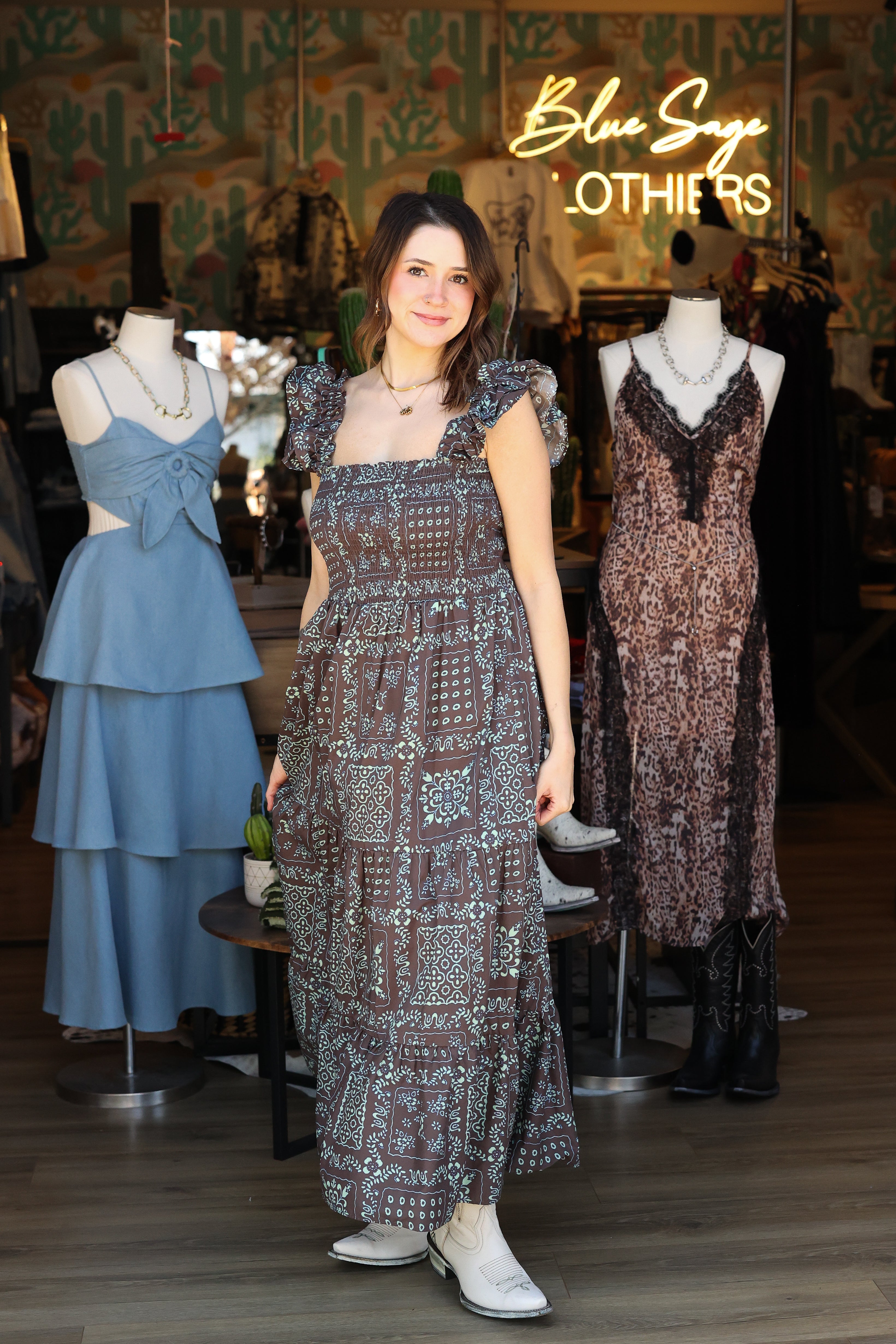 Chocolate Wildflower Ruffle Midi Dress