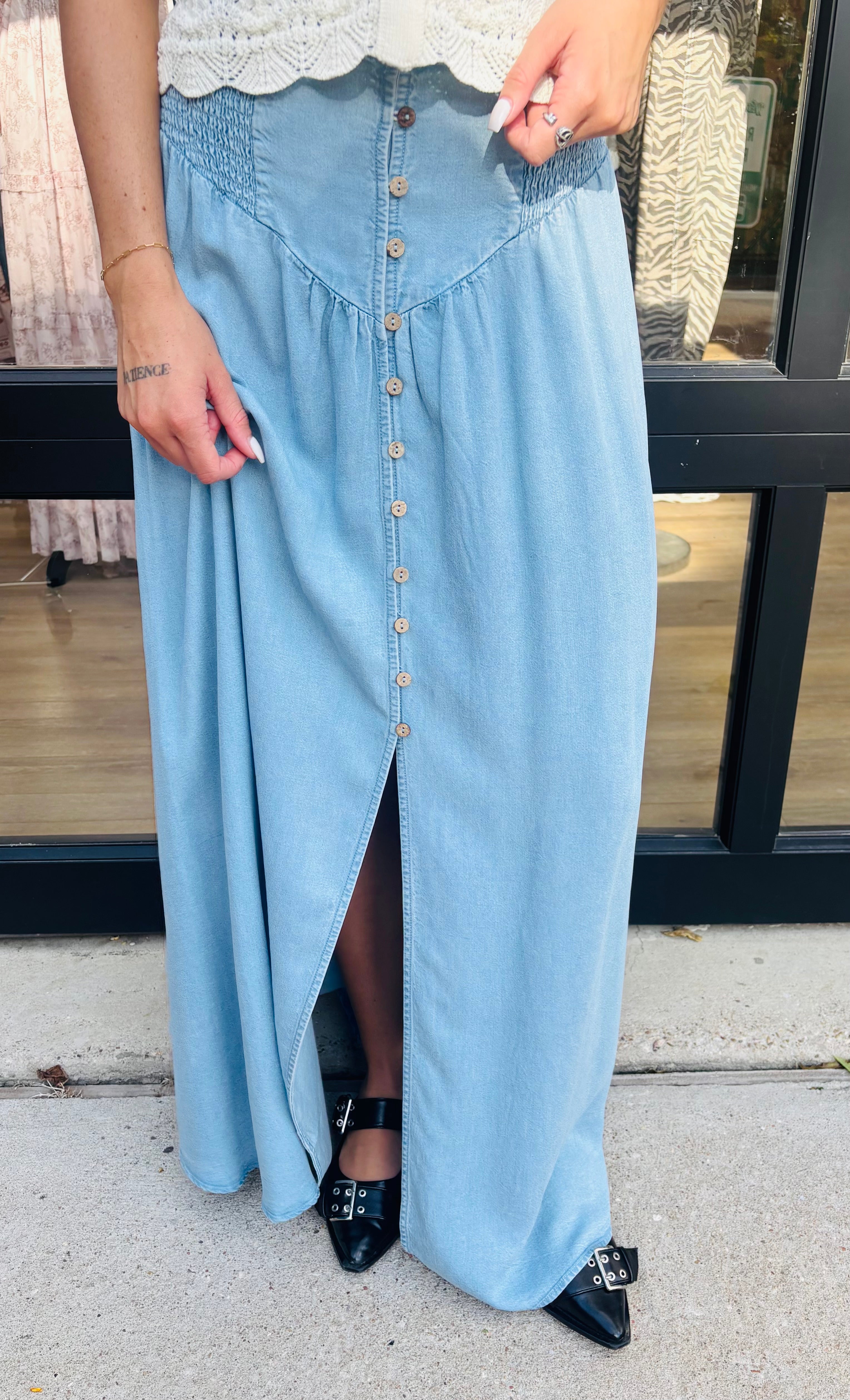 Sundrift Button-Front Denim Maxi Skirt