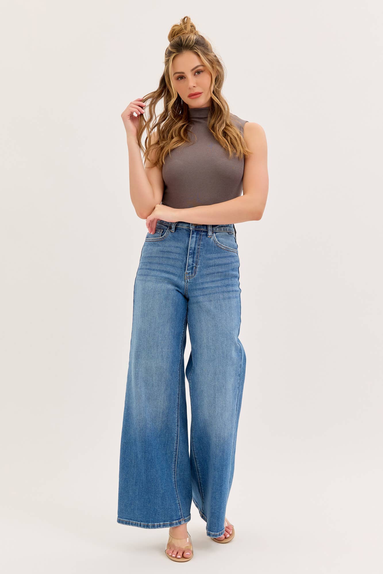 Stretch High Rise Wide Leg Jeans Medium Denim