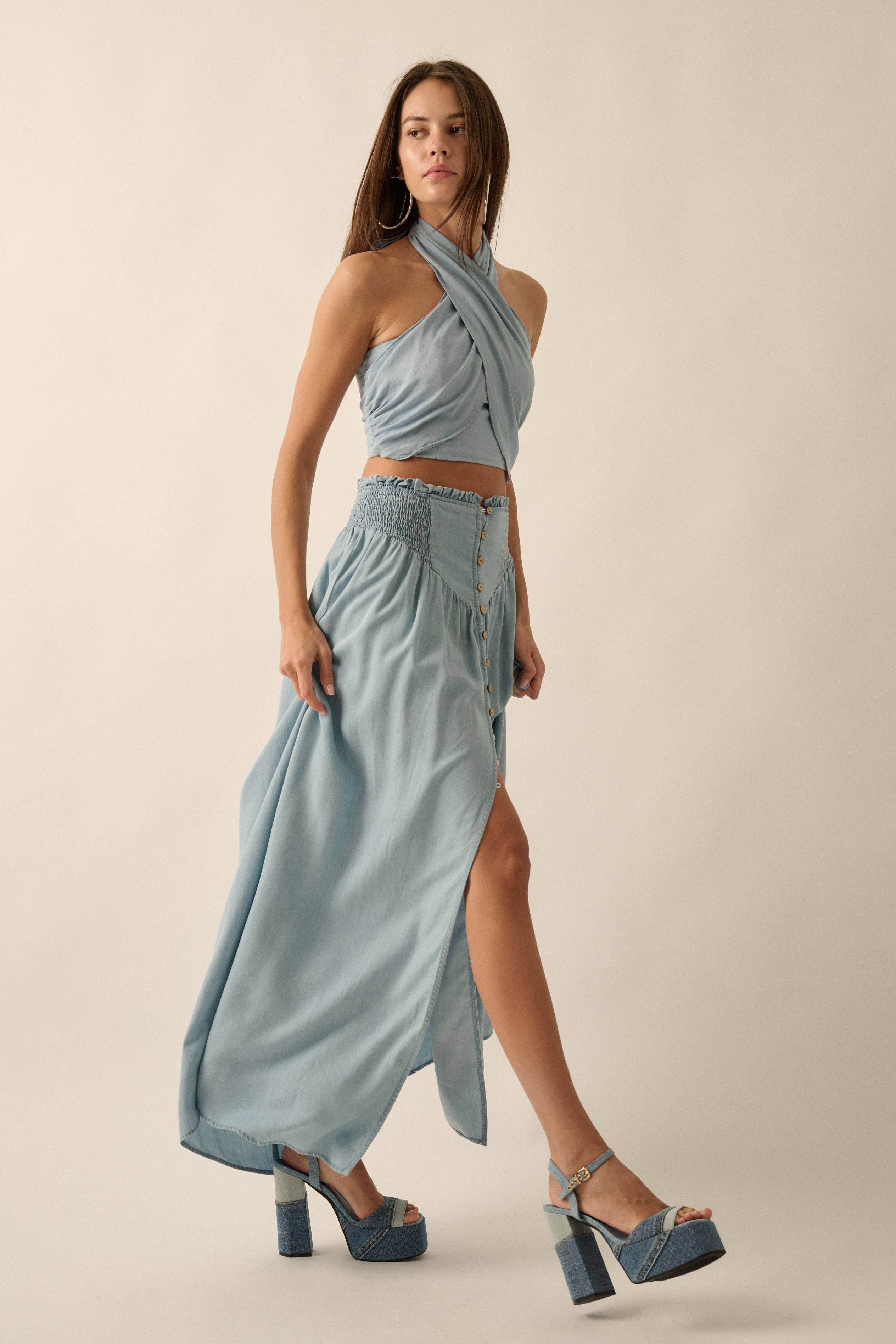 Sundrift Button-Front Denim Maxi Skirt