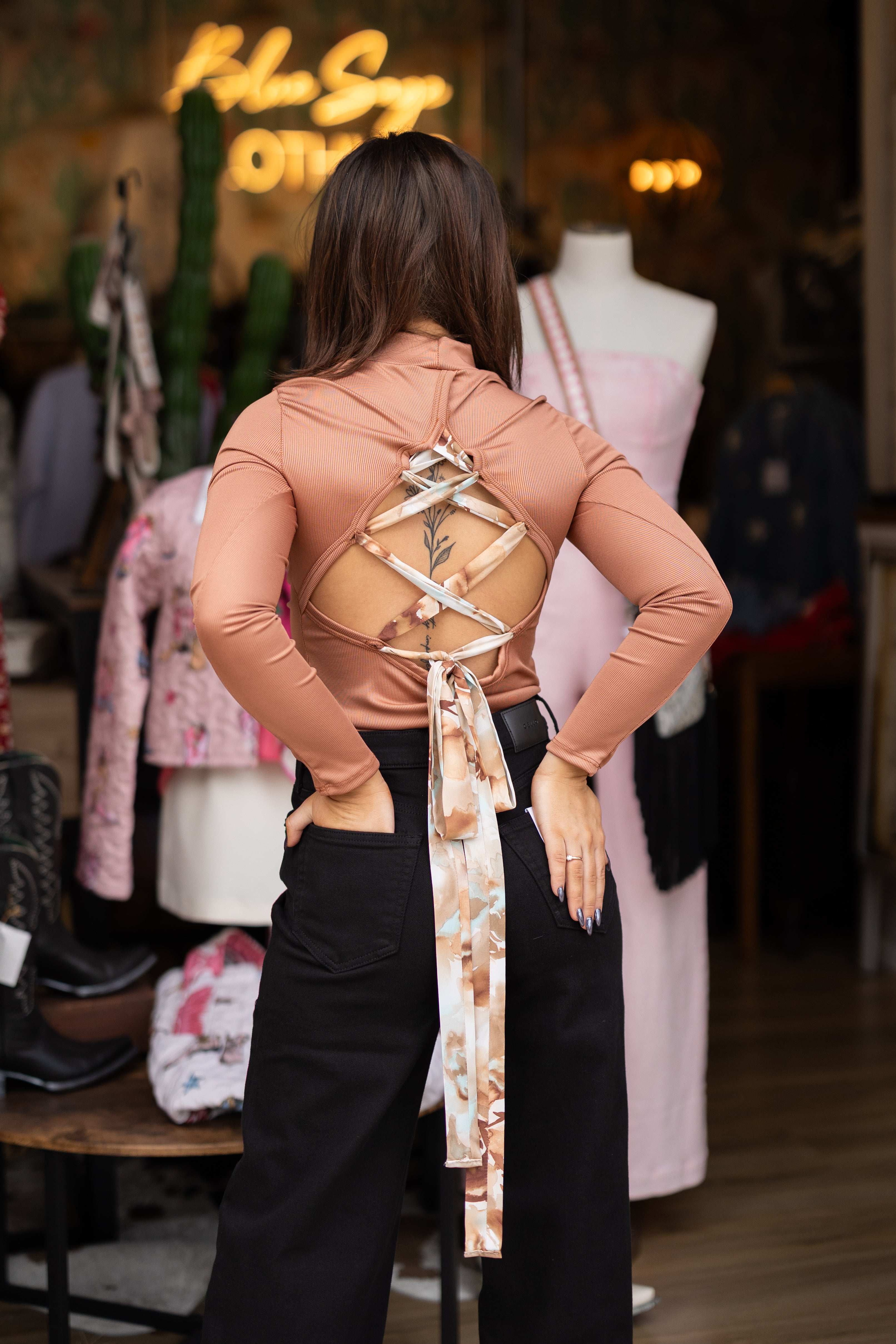 Mocha Muse Lace-Up Back Top