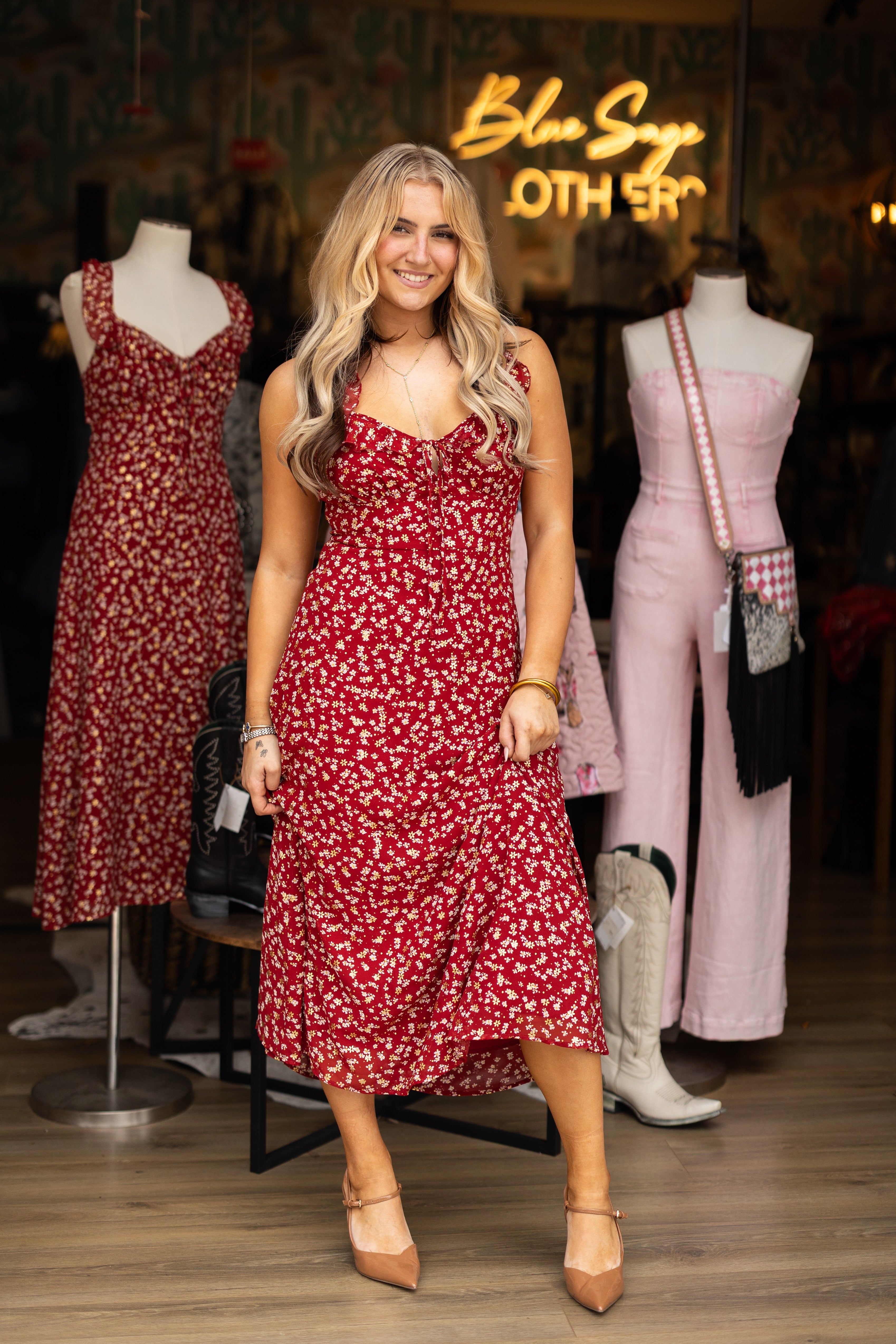 Scarlet Meadow Ruffle Midi Dress
