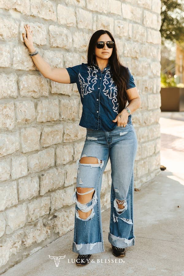Dust & Denim Distressed Wide-Leg Jeans