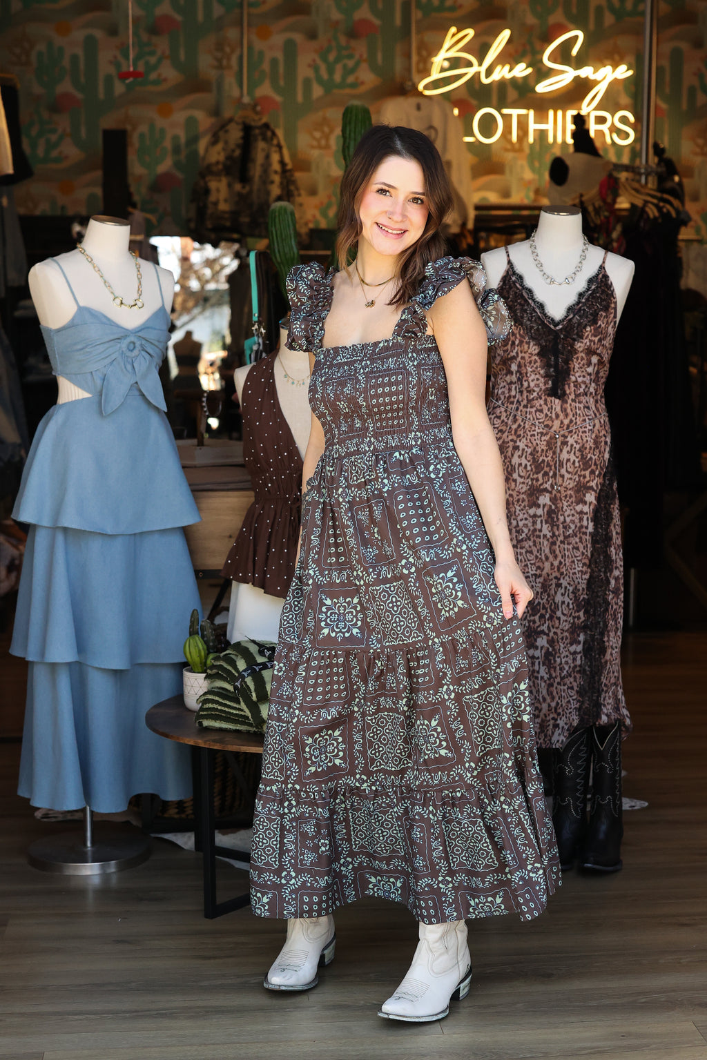 Chocolate Wildflower Ruffle Midi Dress