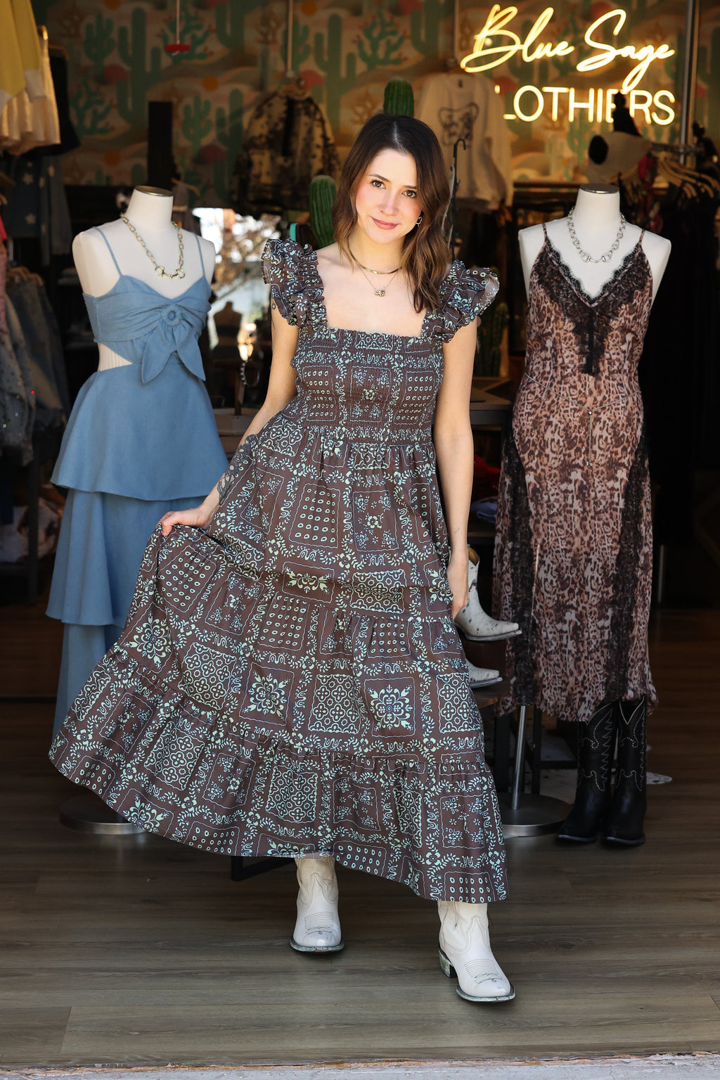 Chocolate Wildflower Ruffle Midi Dress