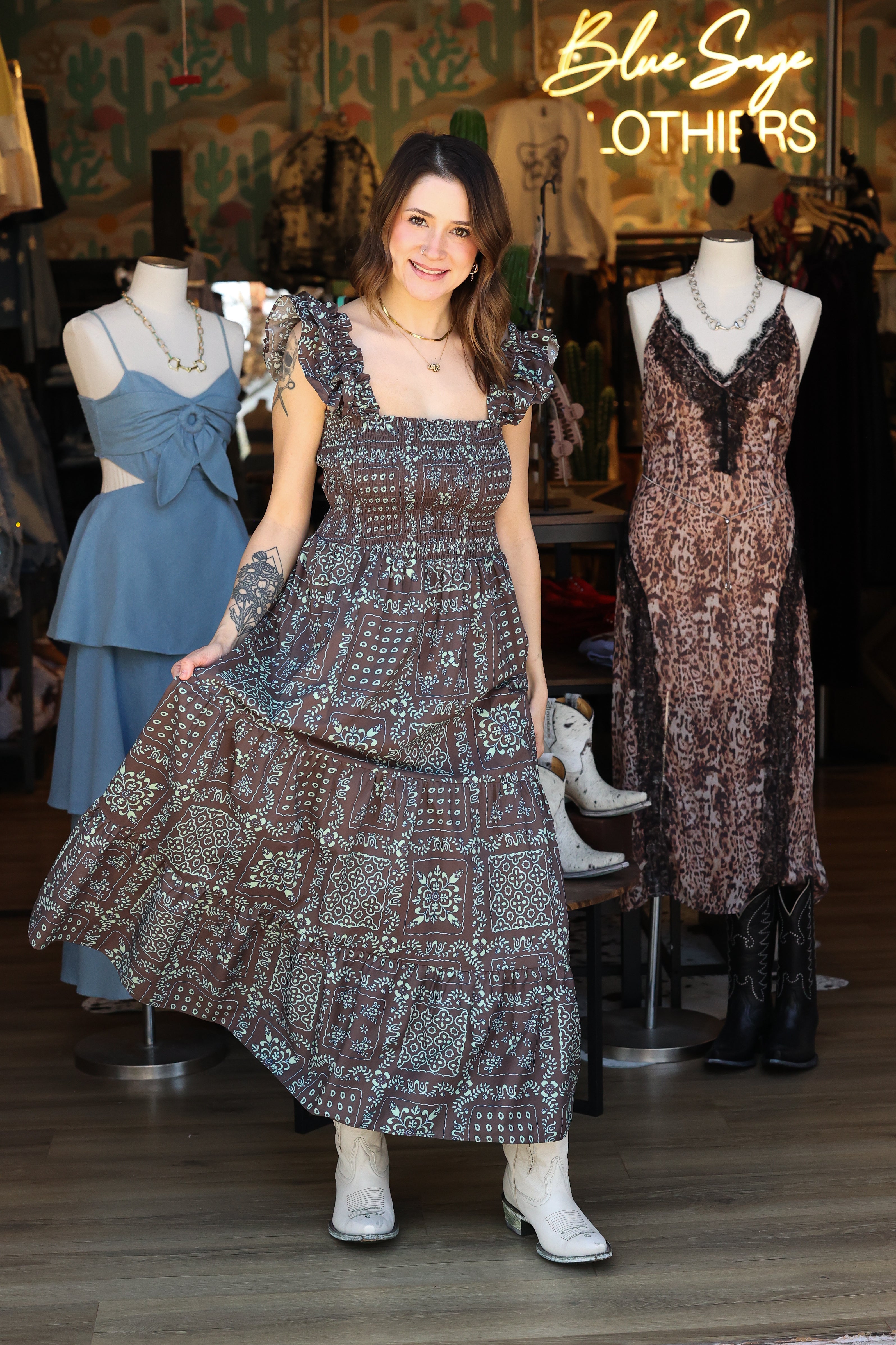 Chocolate Wildflower Ruffle Midi Dress