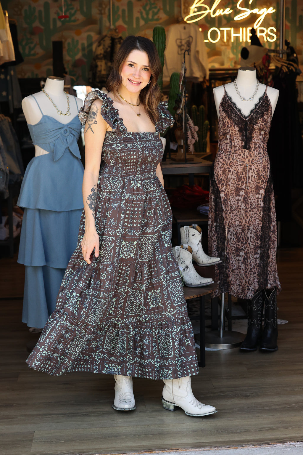 Chocolate Wildflower Ruffle Midi Dress