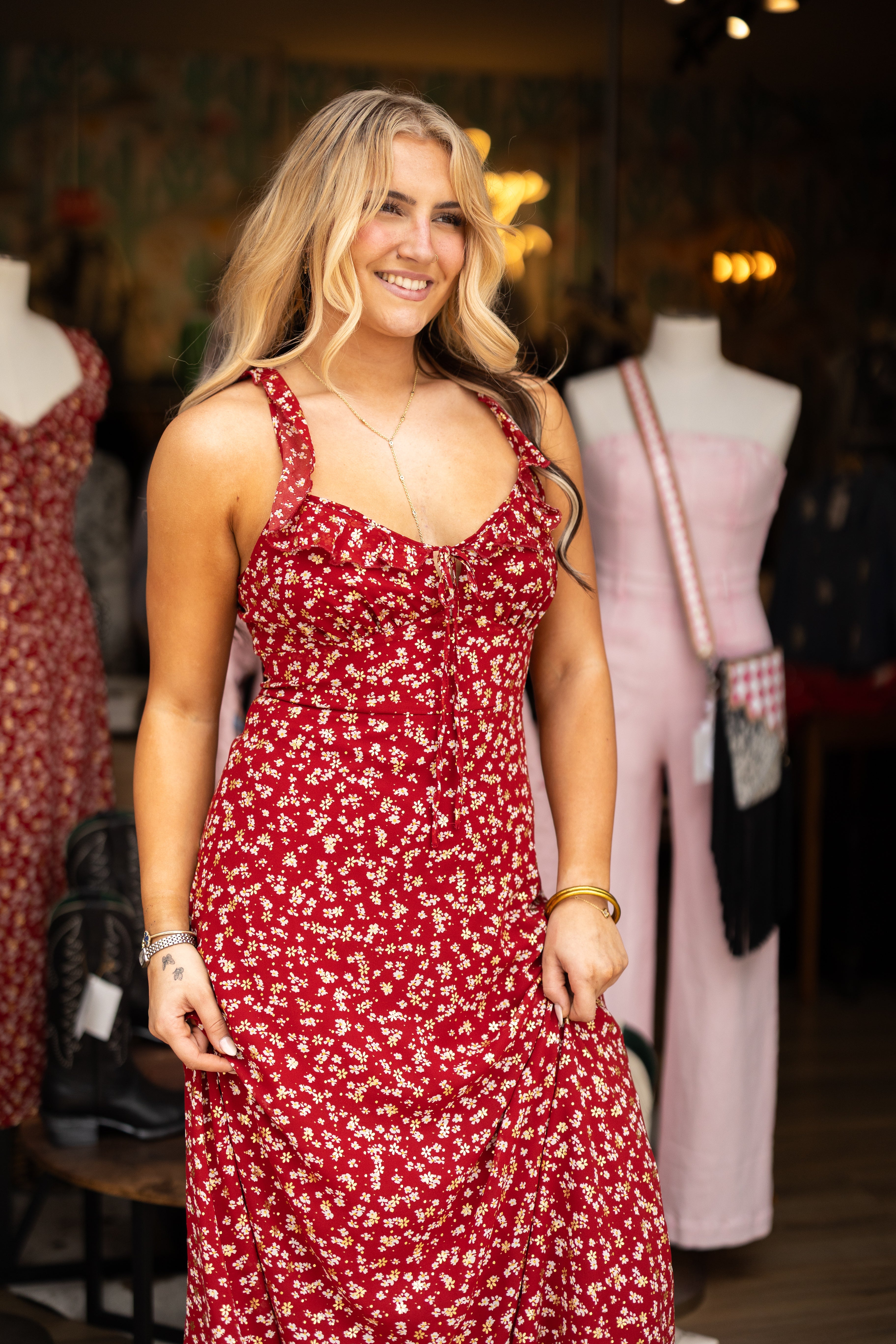 Scarlet Meadow Ruffle Midi Dress