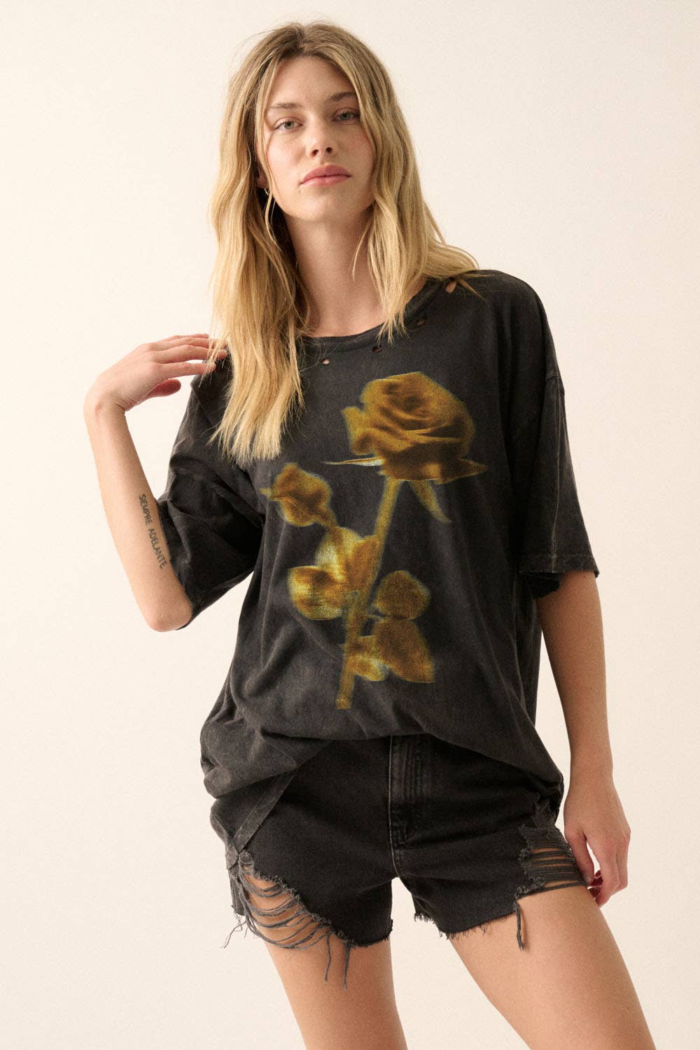 Vintage Noir Rose Distressed Tee