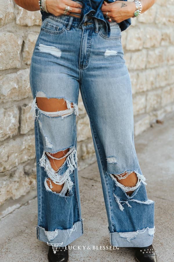Dust & Denim Distressed Wide-Leg Jeans